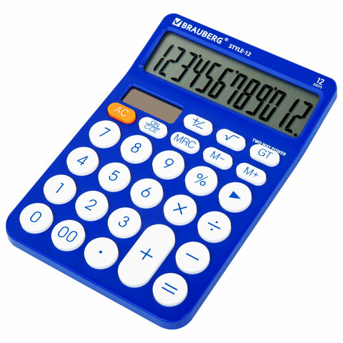 Калькулятор настольный BRAUBERG STYLE-12-BL (157х106 мм), 12 разрядов, двойное питание, СИНИЙ, 272966