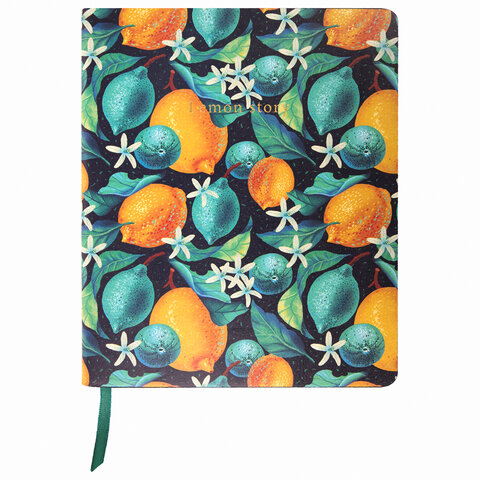 Тетрадь А5 (168х208 мм), 80 л., сшивка, клетка, под кожу, бумага 70 г/м2, фольга, BRAUBERG VISTA, "Lemon Story", 403918