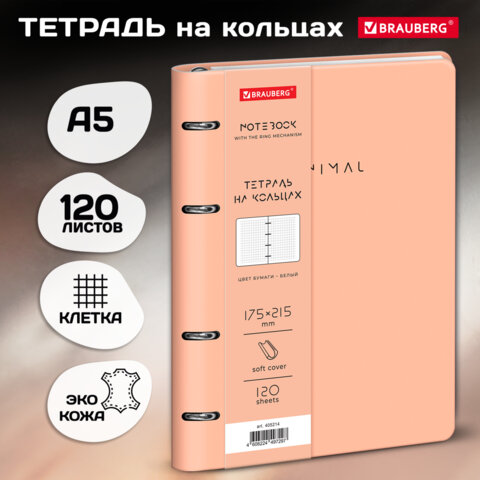 Тетрадь на кольцах А5, 175х215 мм, 120 л., под кожу, BRAUBERG VISTA, "Minimal", бежевый, 405214
