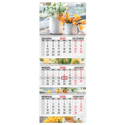 Календарь квартальный 2026 г., 3 блока, 3 гребня, бегунок, мелованная бумага, BRAUBERG EXTRA, "Весенние цветы", 116820