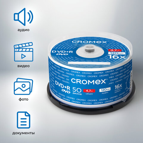 Диски DVD+R (плюс) CROMEX, 4,7 Gb, 16x, Cake Box (упаковка на шпиле), КОМПЛЕКТ 50 шт., 513775