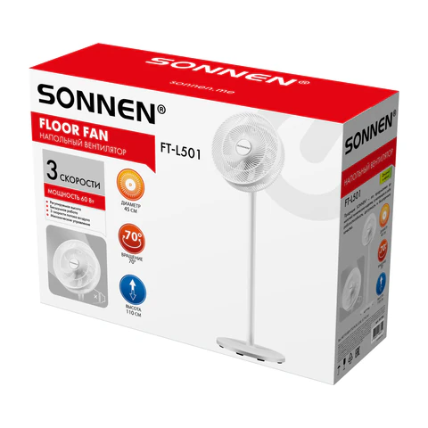 Вентилятор напольный SONNEN FT-L501, 60Вт, 45см, 3 скорости, вращение на 70°, механическое управление, белый, 457785