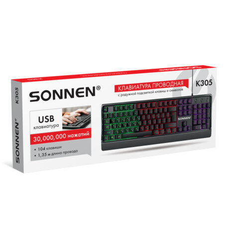 Клавиатура проводная USB, 104 клавиши, LED-подсветка, SONNEN K305, черная, 513948