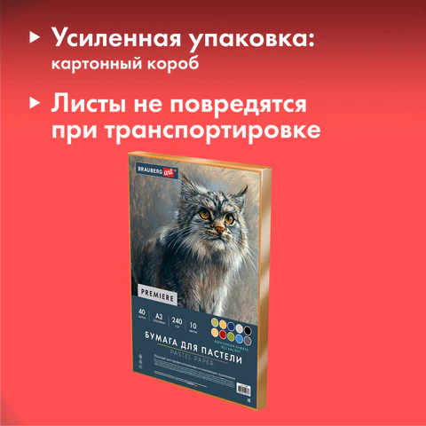 Бумага для пастели АБРАЗИВНАЯ А3 в коробке, 40 листов 10 цветов, 240 г/м2, BRAUBERG ART, 117768