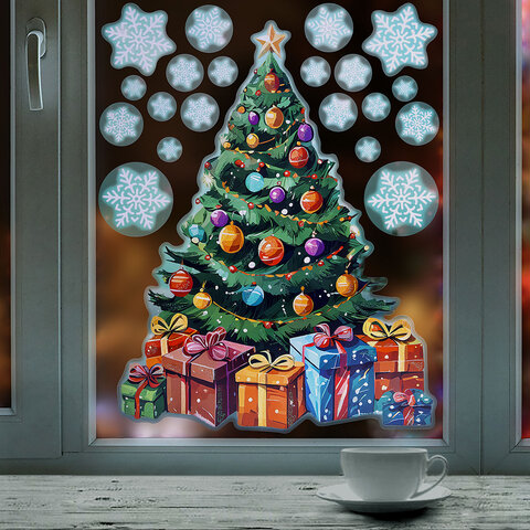 Наклейка для окон двусторонняя, 30х38 см, "Новогодняя ель", глиттер, серебро, ЗОЛОТАЯ СКАЗКА, 592577