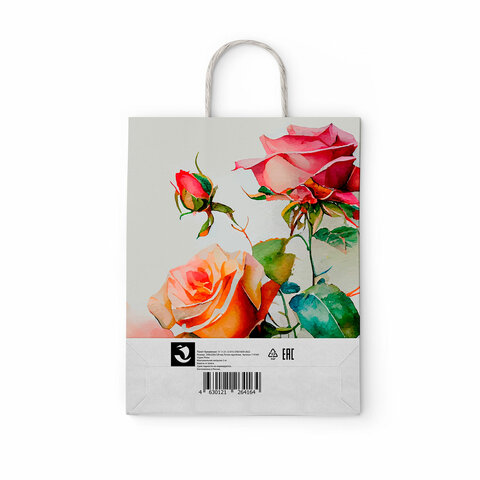 Крафт-пакет бумажный "Розы" 22х12х25 см, с кручеными ручками, плотность 100 г/м2, белый, 114164