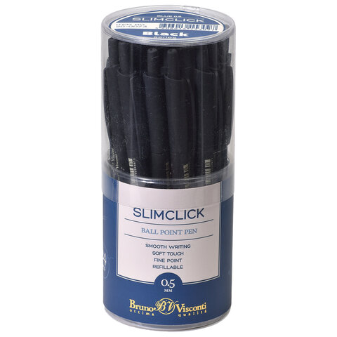 Ручка шариковая автоматическая BRUNO VISCONTI "SlimClick Black", СИНЯЯ, черный корпус, узел 0,5 мм, линия 0,4 мм, 20-0073
