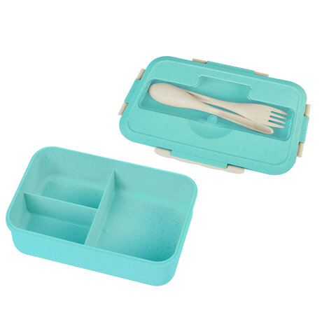 Ланч-бокс контейнер, 1 секция, 3 отделения, 1,4 л, ложка, вилка, 8х21х14 см, мятный, JOYLUX ECO, 609344