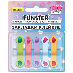 Закладки клейкие Z-сложения FUNSTER (ФАНСТЕР) "Сердечки", 45х12 мм, 100 шт., (5 цветов х 20 листов), в диспенсере, 116704
