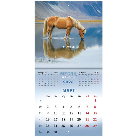 Календарь настенный перекидной 2026 г., BRAUBERG, 12 листов, 21,4х21,4 см, МИНИ, "Благородные лошади", 116947