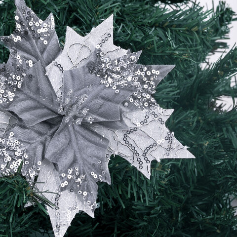 Украшение елочное КОМПЛЕКТ 3 шт., "Цветок", диаметр 22 см, длина 20 см, серебро, ЗОЛОТАЯ СКАЗКА, 592418