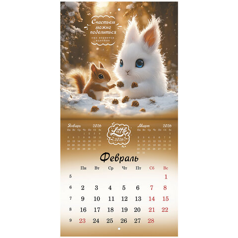 Календарь настенный перекидной 2026 г., BRAUBERG, 12 листов, 21,4х21,4 см, МИНИ, "Magic animals", 116943