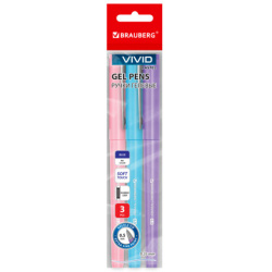 Ручки гелевые с грипом BRAUBERG "VIVID PASTEL", СИНИЕ, НАБОР 3 ШТ., игольчатый узел 0,5 мм, линия письма 0,35 мм, 144540