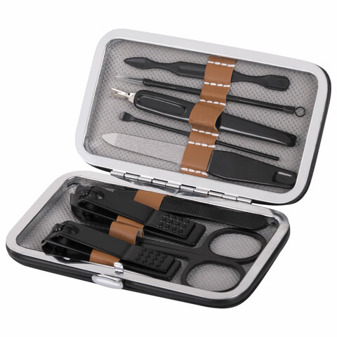 Универсальный набор для маникюра и педикюра 9 в 1 в футляре, MINI, черный карбон, блиcтер, WBZ, 609496