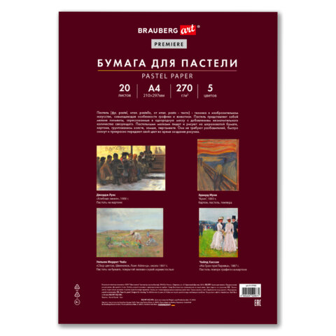 Бумага для пастели ФАКТУРНАЯ, А4, в папке, 20 листов, 5 цветов, 270 г/м2, BRAUBERG ART, 117755