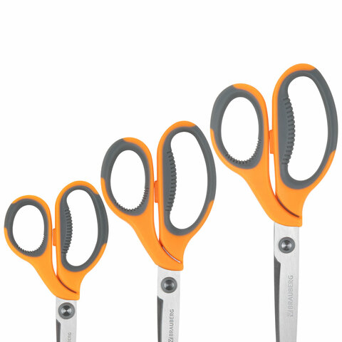 Ножницы BRAUBERG "PROFESSIONAL" 3 шт. (135, 180, 210 мм), серо-оранжевые ручки, ВЫГОДНАЯ УПАКОВКА, 272981