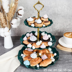 Ваза для капкейков 3-х ярусная 15/20/25 Круг Волна зеленая / D-1267 /уп 80/ Пластик/689068