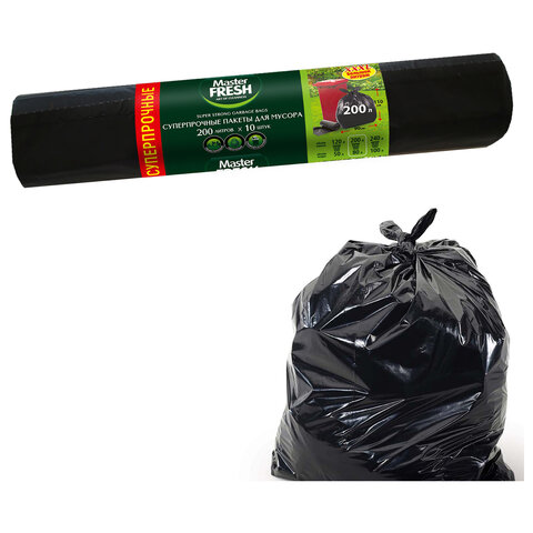 Мешки для мусора 200 л, XXXL, суперпрочные, черные, 34 мкм, 10 шт., Master FRESH