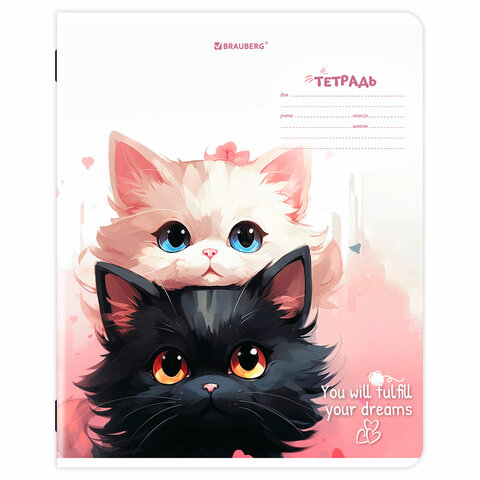 Тетрадь 18 л. BRAUBERG клетка, обложка картон, КОТИКИ, 107300