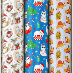 Бумага упаковочная новогодняя НАБОР 3 шт., "X-mas animals", 70х100 см, 3 дизайна, ЗОЛОТАЯ СКАЗКА, 592610