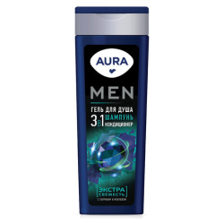 Гель для душа 3в1 шампунь+кондиционер 380 мл AURA MEN "Экстра Свежесть", 13919