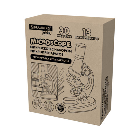 Микроскоп с подсветкой, 30 предметов, в т.ч. набор из 12 микропрепаратов в подарок, увеличение 100х, 400х, 1200х, BRAUBERG KIDS, 391400