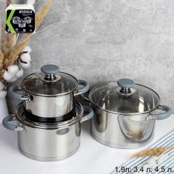 Кастрюля набор 6 предметов 1.9л,3.4л,4.5л Евро / LB-S-1931B-6A /уп 1/ индукция/ ручки с силиконом/ цветная коробка/ KISIGA