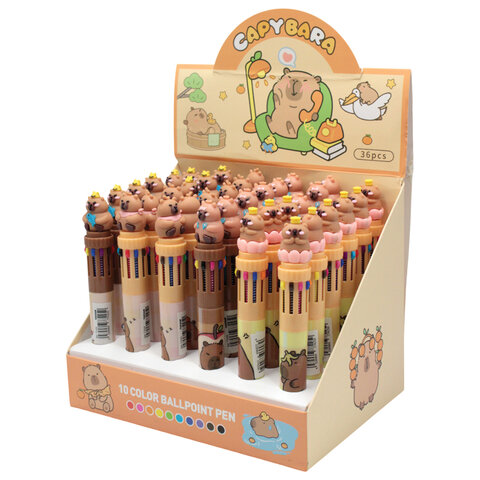 Ручка многоцветная с топпером шариковая 10 ЦВЕТОВ "Капибара", ассорти, линия 0,5 мм, 77427