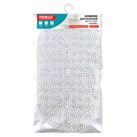 Коврик для ванны противоскользящий 69х39 см, "Капли", овальный, прозрачный, ПВХ, PRIMILA (ПРИМИЛА), 700375