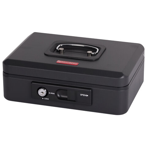 Ящик для денег, ценностей, документов, печатей, 90х180х250 мм, ключевой замок и автолок, черный, BRAUBERG, 291353