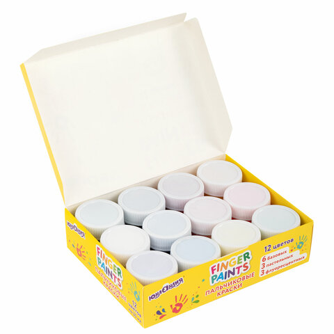 Краски пальчиковые для малышей от 1 года, 12 цветов (6 базовых + 3 пастельных + 3 флуоресцентных) по 35 мл, ЮНЛАНДИЯ, 192570