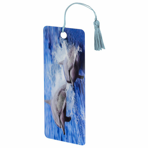 Закладка для книг с линейкой 3D-ОБЪЕМНАЯ BRAUBERG, "Дельфины", с декоративным шнурком, 128094