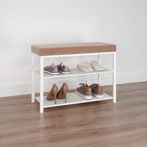 Банкетка для обуви "Торонто-23S", 670х300х490 мм, 2 полки, металл/ткань, белая/бежевая, БТ23СББ