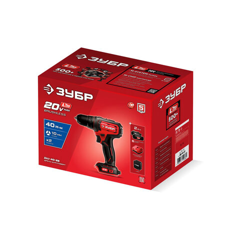 Дрель-шуруповерт безударная, аккумулятор 20 В, 40 Н·м, 2 АКБ LMS (2 А·ч), сумка, ЗУБР Мастер ДШ-40-22