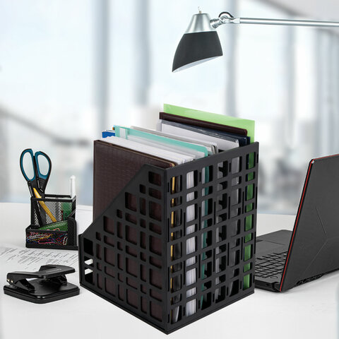 Лоток вертикальный для бумаг BRAUBERG "ULTRA", 240 мм, 6 отделений, сетчатый, сборный, черный, 238251