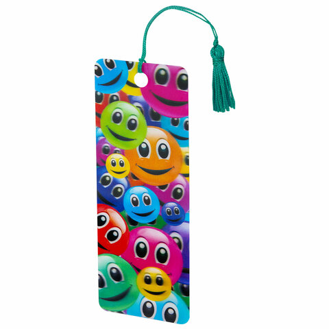 Закладка для книг с линейкой 3D-ОБЪЕМНАЯ BRAUBERG, "Смайлики", с декоративным шнурком, 128096