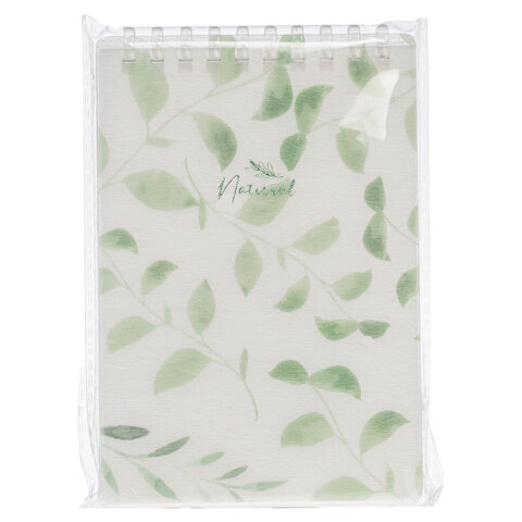 Блокнот МАЛЫЙ ФОРМАТ А6 80л, мягкий гребень, пластик, фольга, клетка, HATBER, NATURAL LEAVES, 090242, 80Б6A1мс_33480