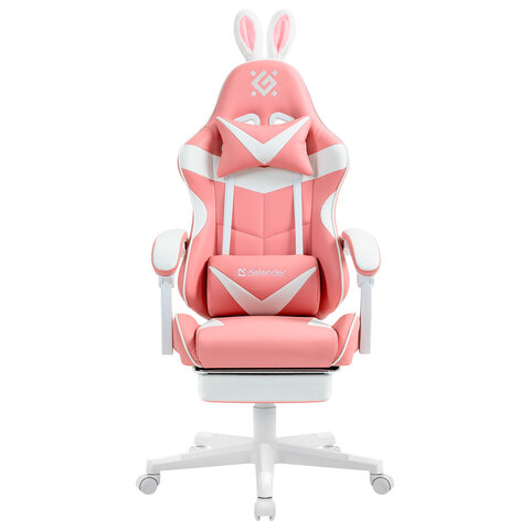 Кресло компьютерное DEFENDER "Irifi", 2 подушки, подставка для ног, экокожа, розовое/белое, 64042