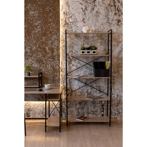 Стеллаж BRABIX "SMART SH-004", 790х360х1950 мм, ЛОФТ, 5 полок, металл/ЛДСП ясень шимо светлый, каркас черный, 641943