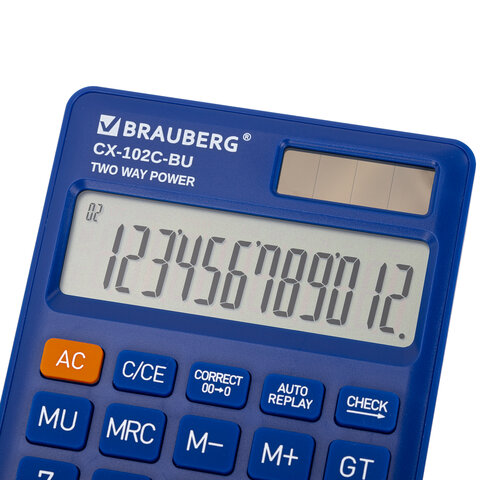Калькулятор карманный BRAUBERG CX-102C-BU (76x126 мм), 12 разрядов, двойное питание, СИНИЙ, 272648