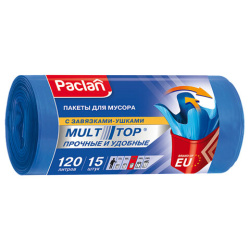 Мешки для мусора 120 л, с ушками, синие, в рулоне 15 шт., ПВД, 24 мкм, 70х110 см, PACLAN "Multitop", 402045