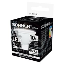 Лампа светодиодная SONNEN EXTRA, 10 (90) Вт, GU5.3, софит, нейтральный белый, 30000 ч, LED MR16-GU5.3-10W-4000, 457919