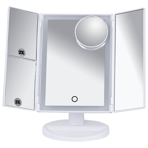 Зеркало настольное с LED-подсветкой для макияжа, размер 24х18 см, складное, увеличение х2, х3, х10, белое, BRABIX, 609337