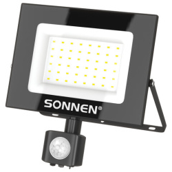 Прожектор светодиодный с датчиком движения 50 Вт, 6500 К, 4000 Лм, IP65, 187х176х51 мм, черный, SONNEN, 238418