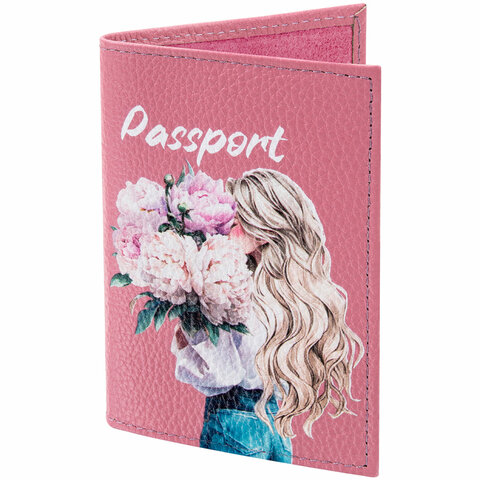 Обложка для паспорта натуральная кожа флоттер, принт "Девушка", цвет пудрово-розовый, BRAUBERG, 238868