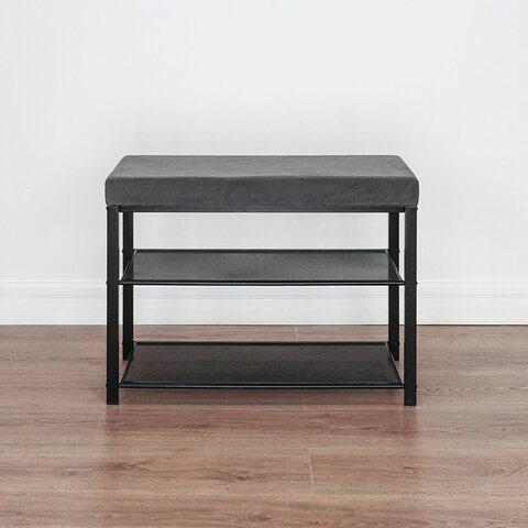 Банкетка для обуви "Торонто-23S", 670х300х490 мм, 2 полки, металл/ткань, черная/серая, БТ23СЧС