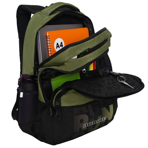 Рюкзак GRIZZLY школьный, анатомическая спинка, 2 отделения, для мальчиков, "RUN", хаки, 45х32х23 см, RU-530-6/3