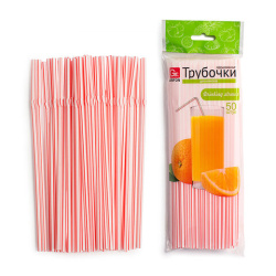 Трубочки для коктейлей гофрированные пластиковые 5х210 мм, белые с красной полоской, 50 шт., GRIFON, 105-050