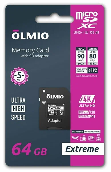 Карта памяти microSDXC 64GB Extreme, UHS-I U3 V30 A1, c адаптером, OLMIO