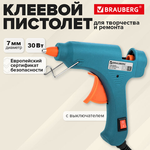 Клеевой пистолет 30 Вт, 7 мм (предохранитель, антикапля, индикатор), бирюзовый, BRAUBERG, 671465